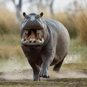 Aggressive Hippo with mouth open running towards camera