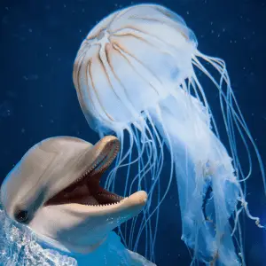 a dolphin underwater with a big jellyfish